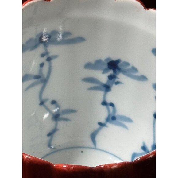 Scalloped Red Porcelain Tea Cups With Blue Floral Interior Design Set Of 4 - Picture 7 of 11